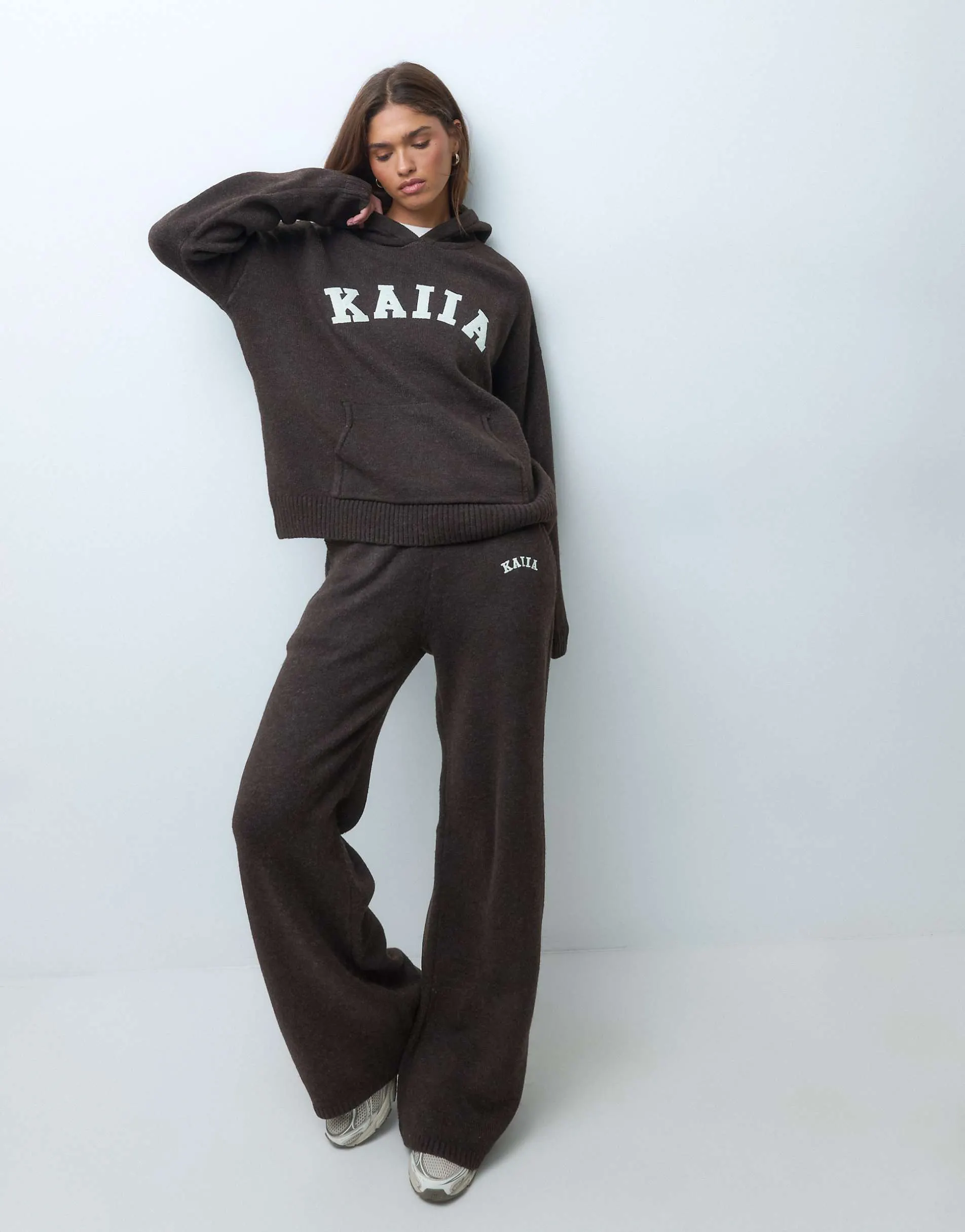 Kaiia knitted embroidered logo hoodie and wide leg trousers co-ord in chocolate