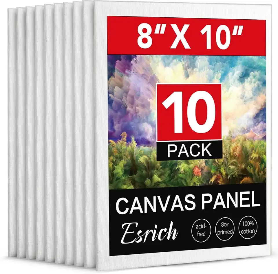 ESRICH Canvas Boards for Painting, 10 Pack Canvases for Painting 8x10 Cotton Primed Acid Free Blank Canvas Panels for Oil Paint, Watercolor, Acrylic Paint, Gouache and Tempera.