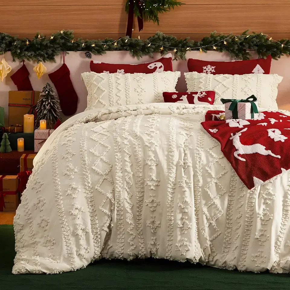 Bedsure Tufted Boho Comforter Set King Size - Beige Boho Bed Set, GentleSoft™ 3 Pieces Farmhouse Shabby Chic Embroidery Bedding, Gifts for Woman, Soft Jacquard King Comforter for All Seasons