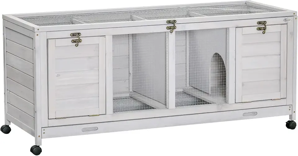 PawHut Wooden Rabbit Hutch, Bunny Cage with Wheels, Dividers, Openable Roof, Removable Trays, Small Animal Cages for 1-2 Rabbits, Indoor Outdoor Use, Light Gray
