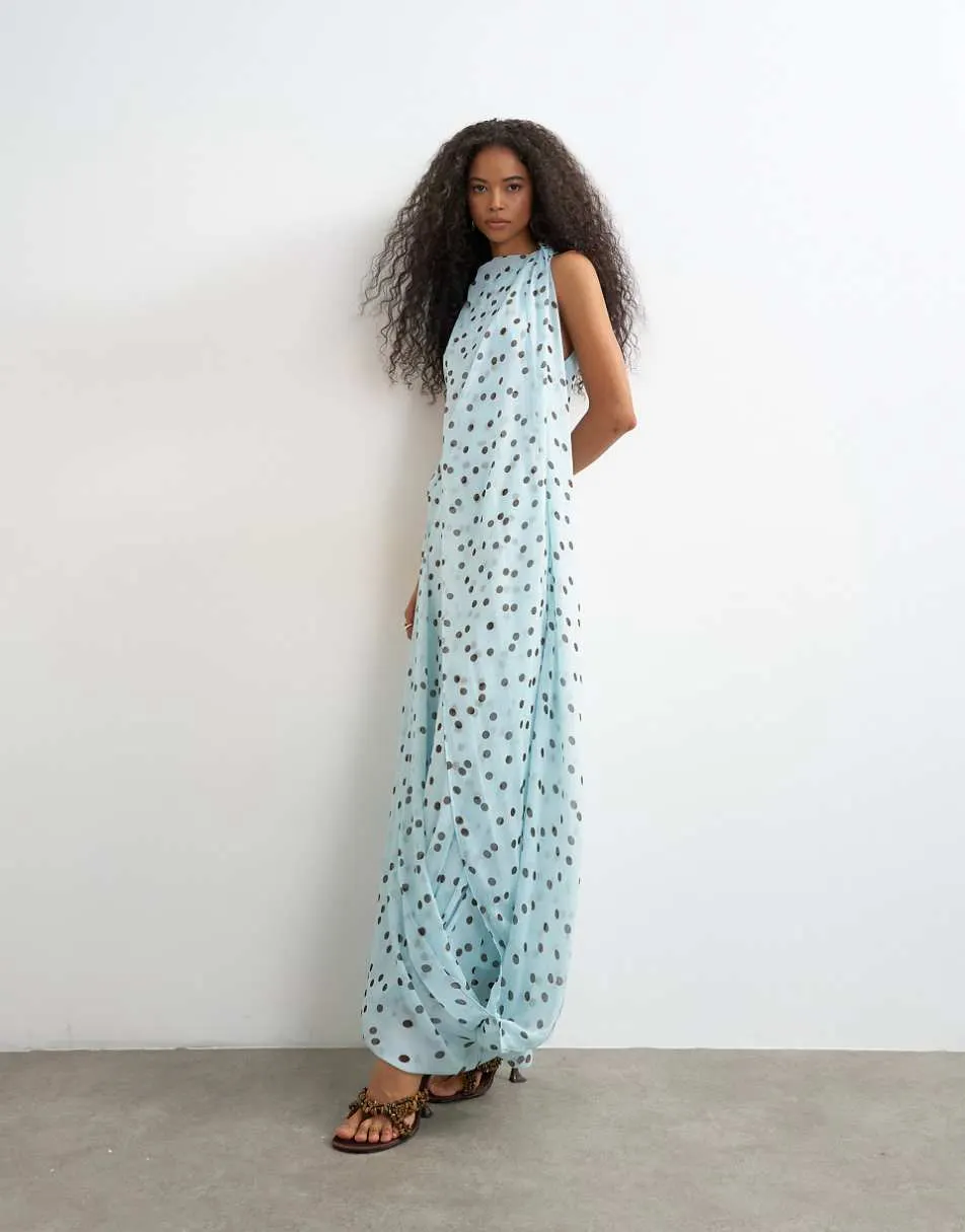 Topshop draped hem chiffon midi occasion dress in blue and chocolate polka dot print