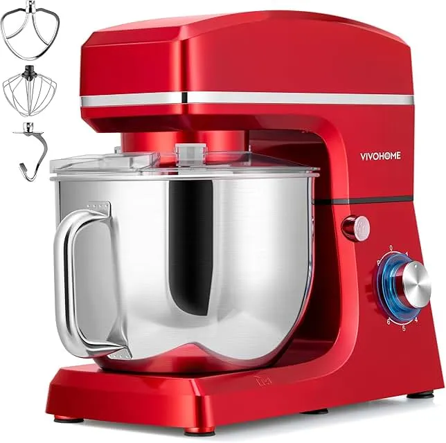 VIVOHOME 7.5 Quart Stand Mixer, 660W 6-Speed Tilt-Head Kitchen Electric Food Mixer with Beater, Dough Hook, Wire Whip, and Egg Separator, Red
