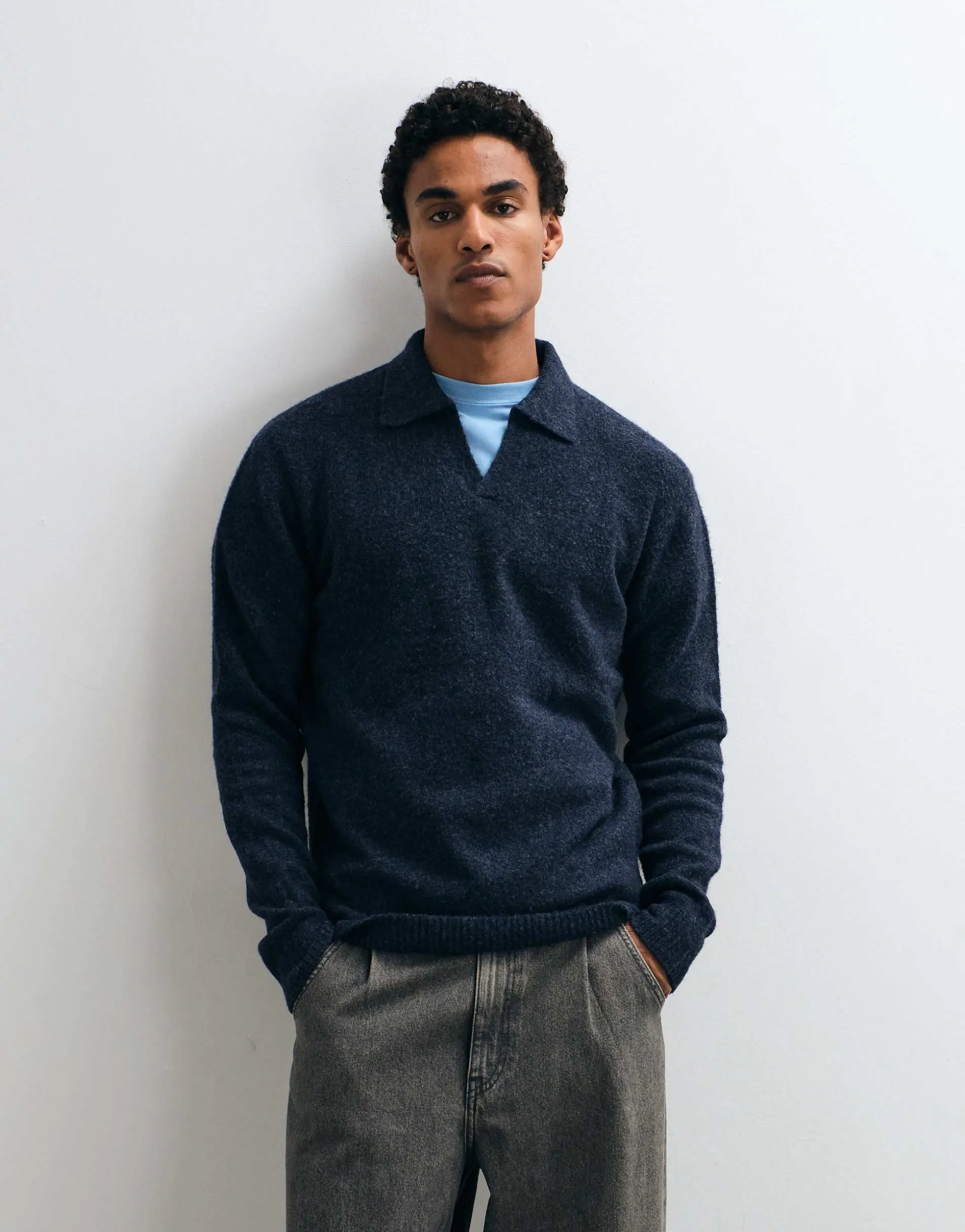 Brave Soul trophy neck jumper in navy marl