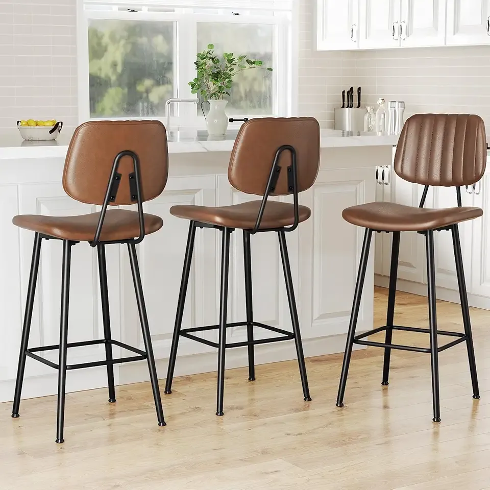 29-Inch Leather Bar Stools Set of 3, Counter Height Barstools with High Backrest,Bar Chairs for Kitchen Island with Heavy Duty Metal Legs, Dark Brown