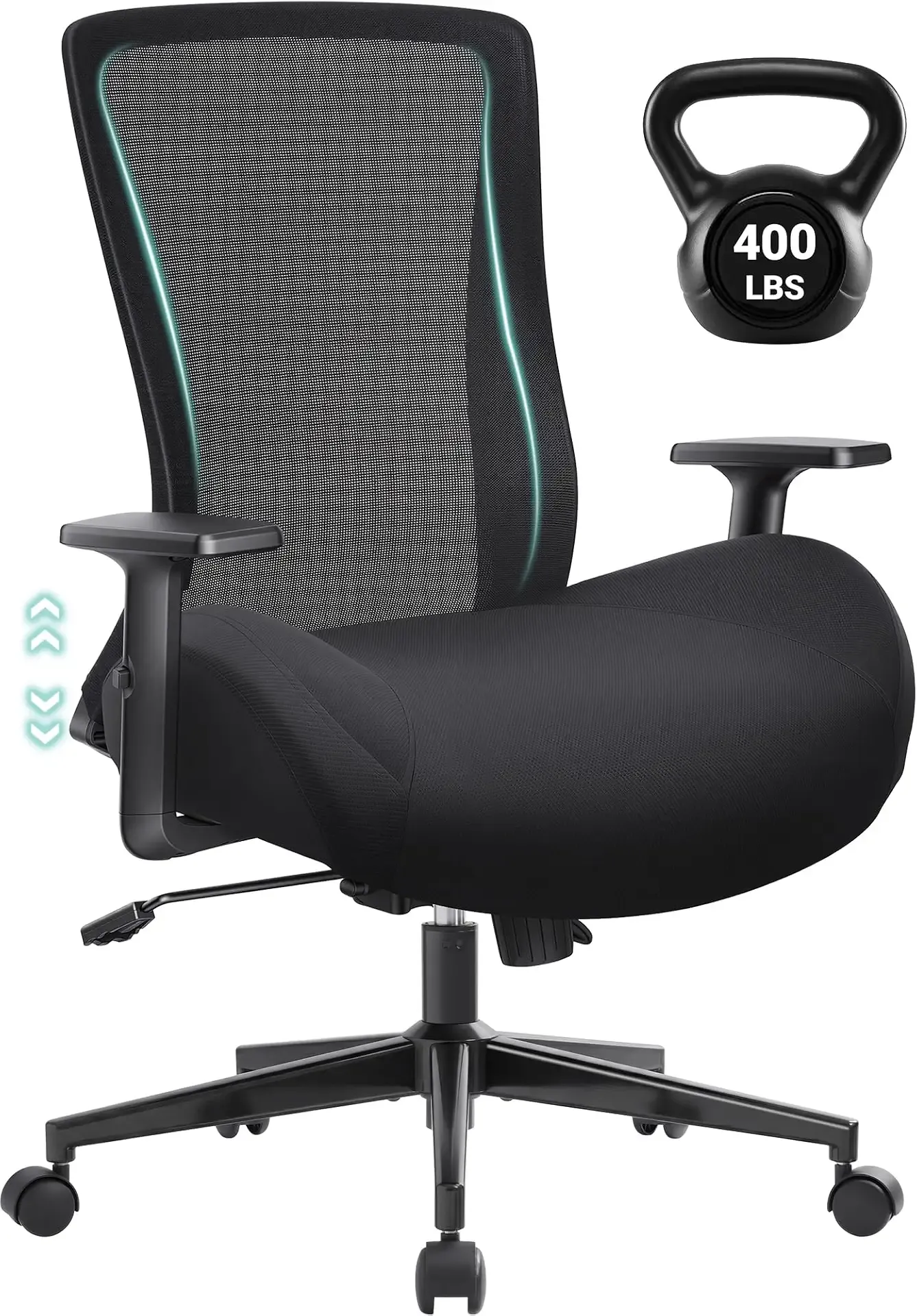 Big and Tall Home Office Desk Chair 400lb Capacity for Heavy People, Ergonomic Wide Mesh Desk Chair with Stepless Recline & Lock, 5.5" Thick Cushion, High Back, Adjustable Height & Armrests
