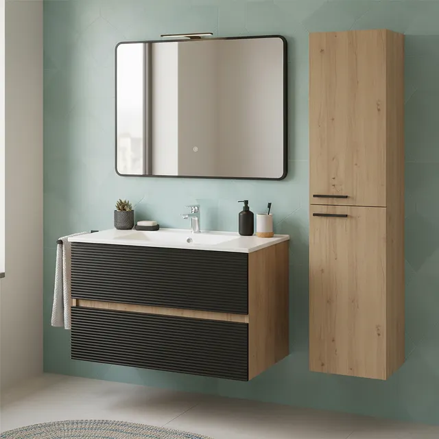 Mueble de baño con lavabo GLASS Negro 80x45 cm con 2 cajones