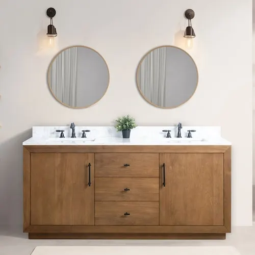 72 inch W Double Sink Freestanding Bathroom Vanity in Tan with Engineered Marble Top
