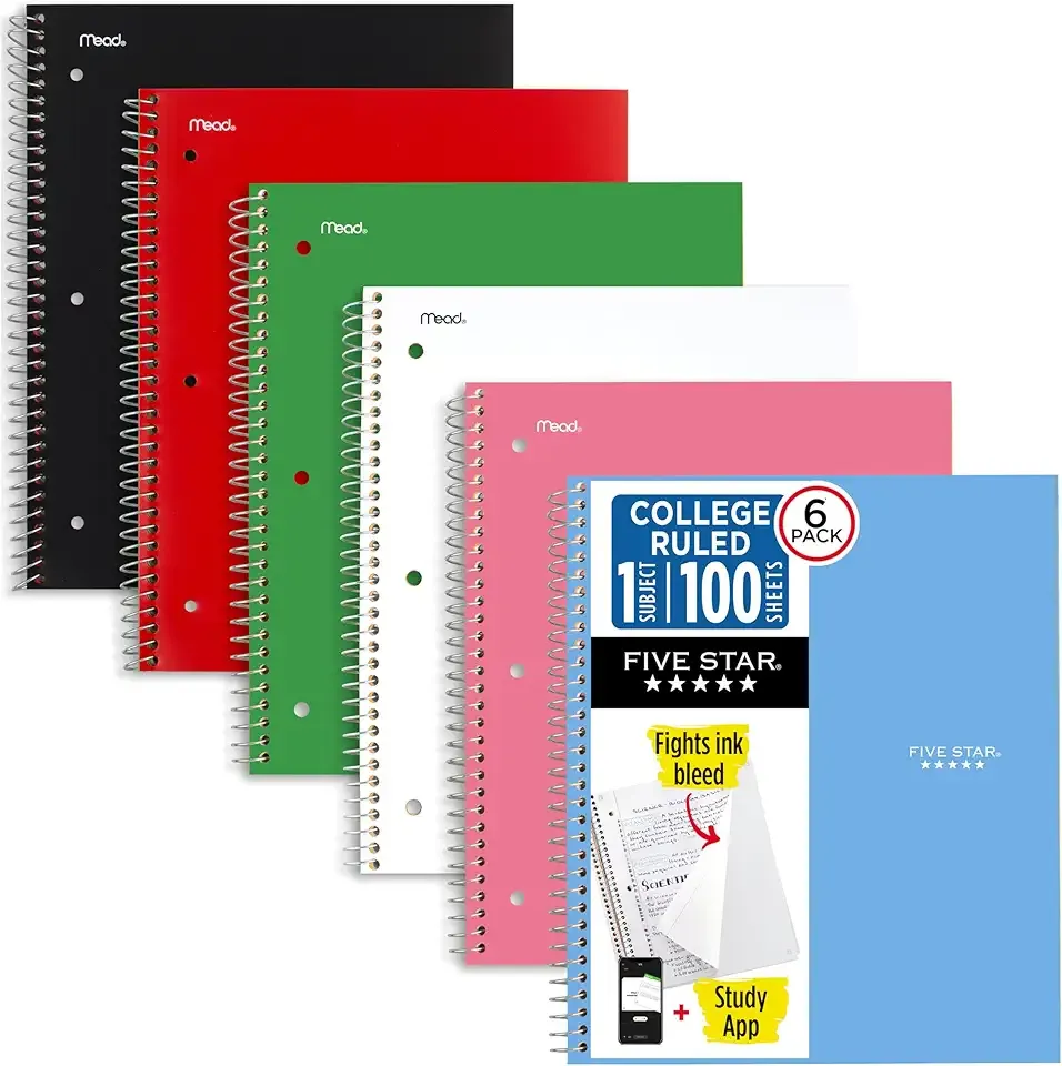 Five Star Spiral Notebook + Study App, 1 Subject, College Ruled Paper, 8.5" x 11", 100 Sheets, Assorted Colors, 6 Pack (820097)