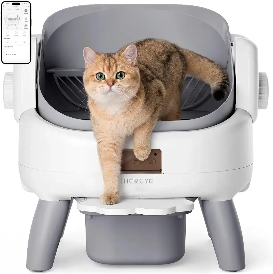 Thereye Automatic Litter Box with Entry Step & App Control | 11 Safety Protections Open-Top, 10L Waste Bin with Odor Control Self Cleaning Litter Box with Trash Bags/Litter Mat