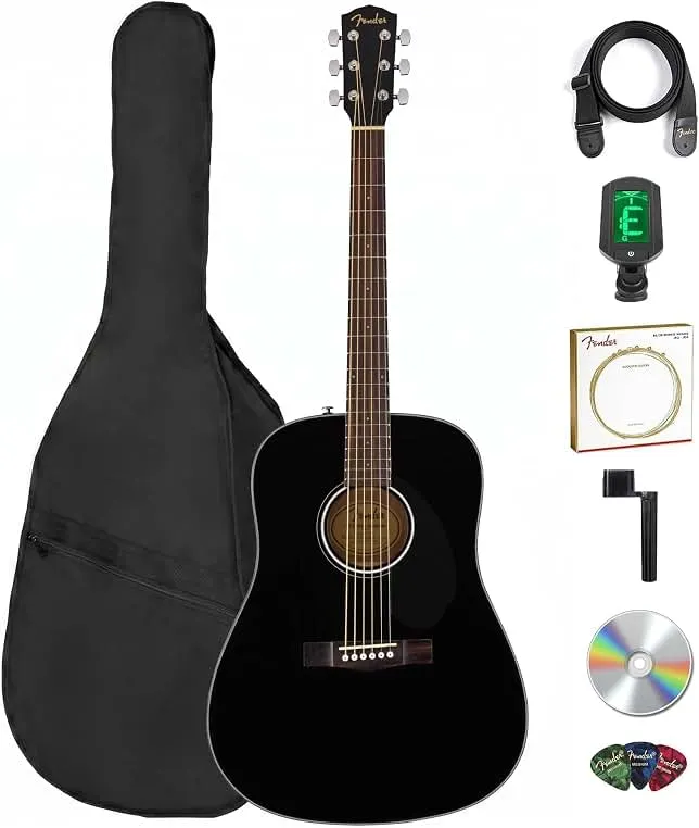Fender FA Series Dreadnought Acoustic Guitar - Black Bundle with Gig Bag, Tuner, Strap, Strings, String Winder, Picks, and Austin Bazaar In…