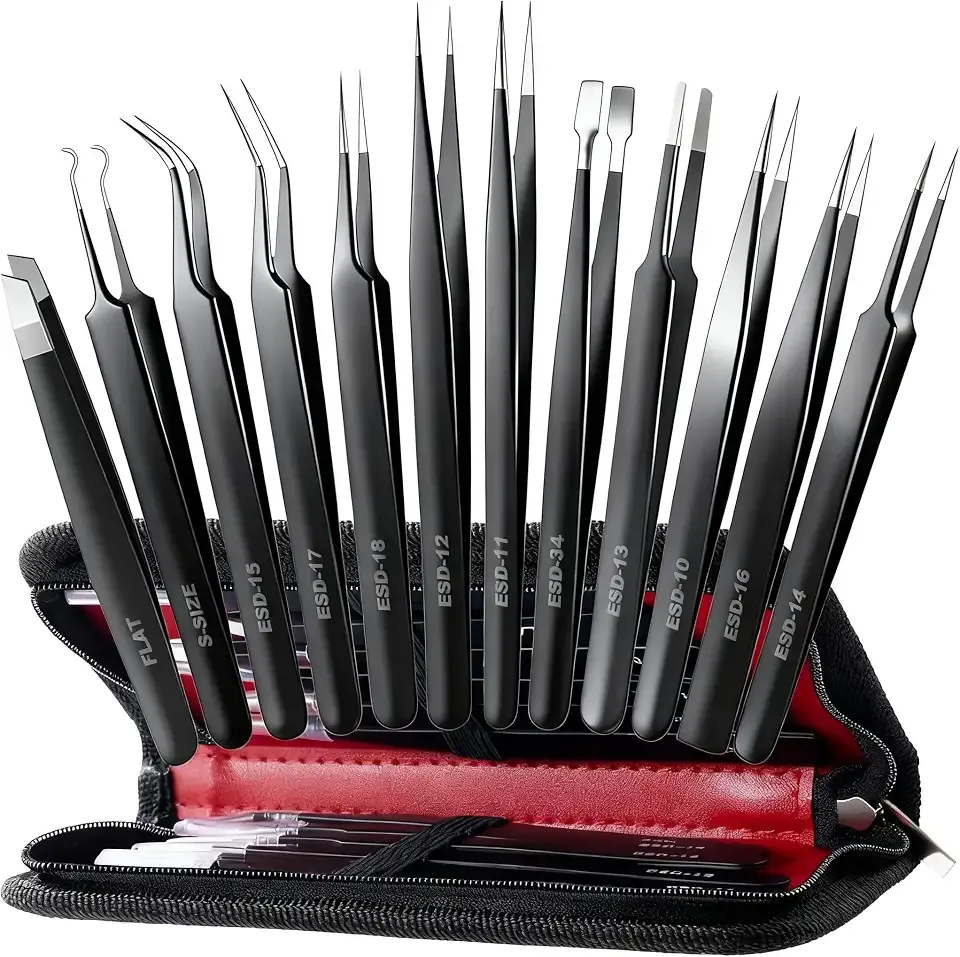 Antonki 12 Pack Precision Tweezers Set for Craft, Soldering, Jewelry, Facial Hair, Eyebrow, Ingrown Hair Removal, Eyelash Extension- with Case