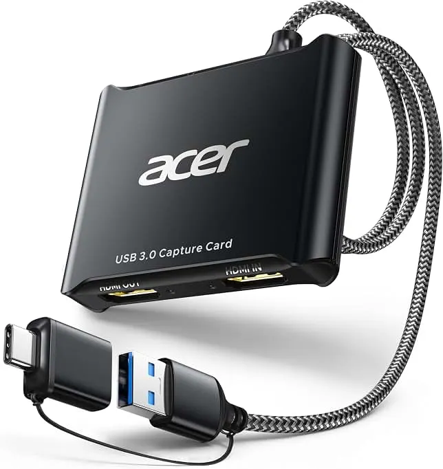 acer USB 3.0 HDMI Capture Card, 4K HDMI Loop-Out, 1080P 60Hz for Streaming | Low-Latency Audio Video Capture, USB Type-A & Type-C Ports, Compatible with Switch 2, PS5/PS4, Cameras, PC, OBS, Xbox