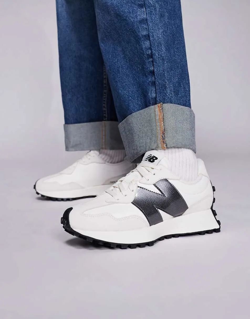 New Balance 327 trainers in white with patent logo
