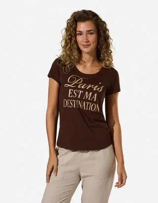 T-shirt - Stampa glitterata - Marrone scuro