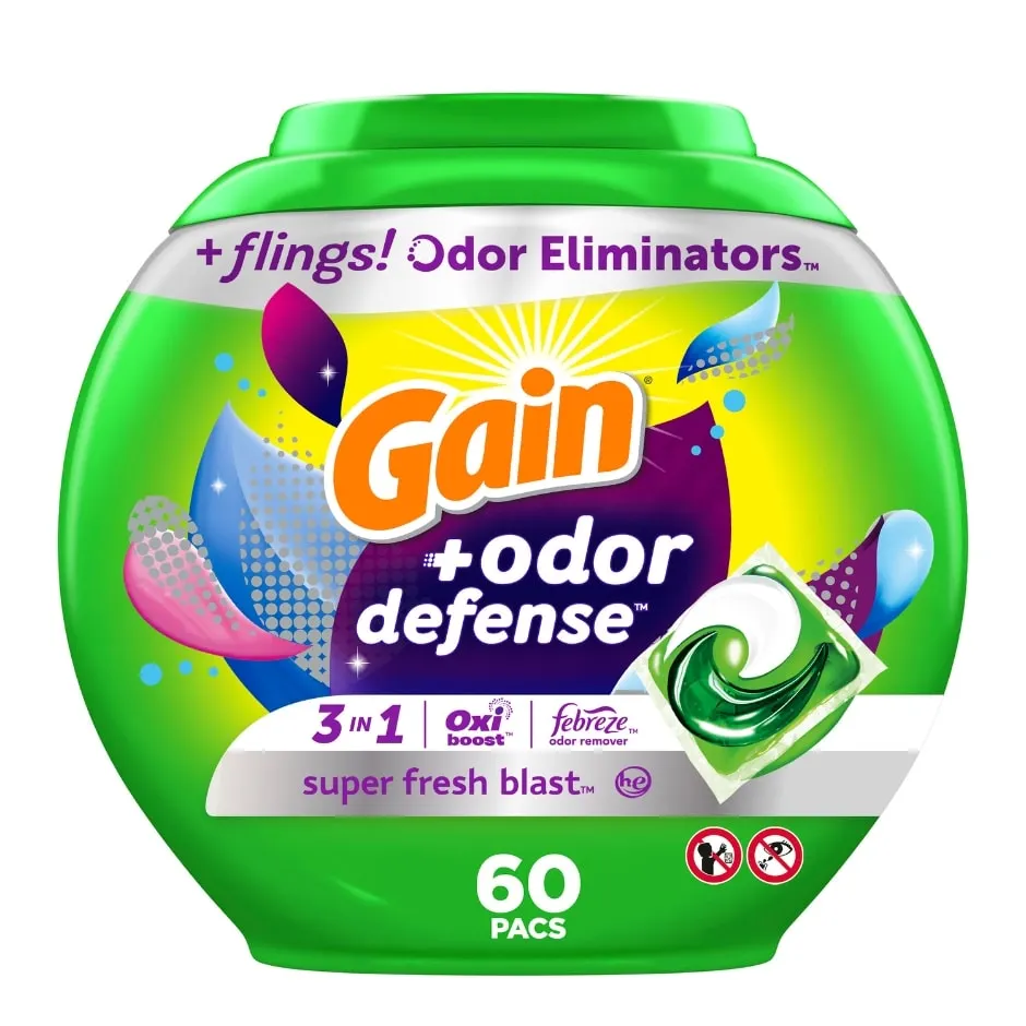 Gain Flings HE 3in1 Laundry Detergent Pacs with Odor Defense, Febreze, and Oxi Boost, 60 ct.