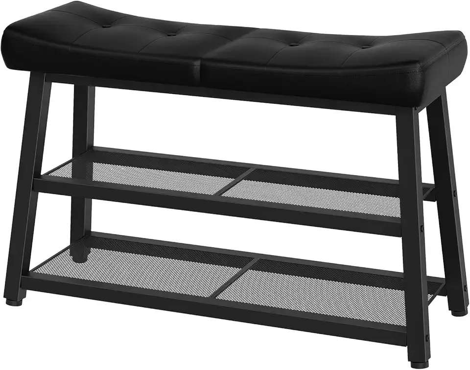 Shoe Bench, 3-Tier Shoe Rack, Entryway Bench with Storage and Cushion, for Hallway, Foyer, Bedroom, Black HX02BB