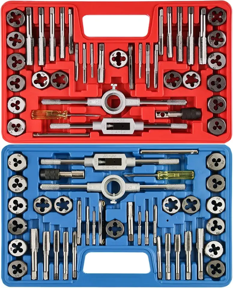 Anfrere 80pcs Tap and Die Set, SAE & Metric Tap Die Wrench Set, Metric Standard M3 to M12 Coarse Fine Rethreading Threads Bits for Cutting External and Internal Threads, NC, NF, NPT Repair Tools