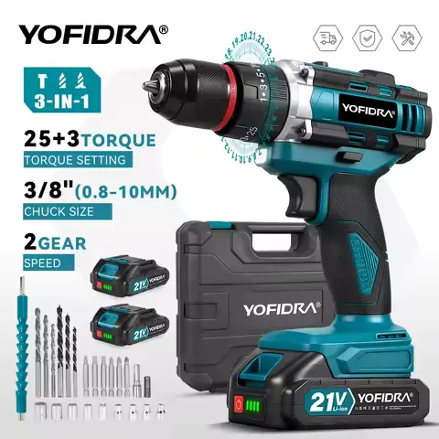 YOFIDRA 3 IN 1 25+3 Torque Electric Impact Drill Handheld Cordless Impact Drill Woodworking Power Tool For Makita Battery Pin