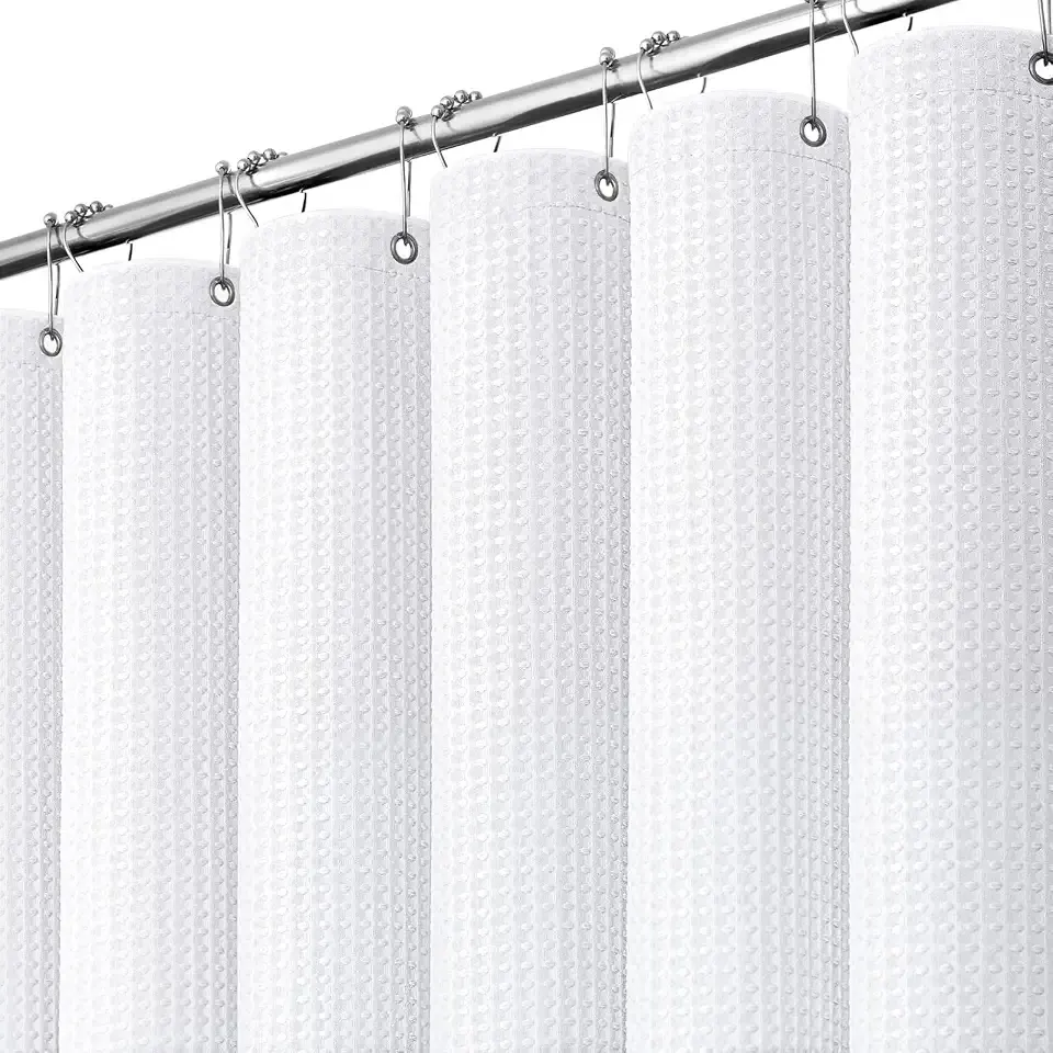 Waffle Shower Curtain 256 GSM Heavy Duty Fabric 72"x72" White | Thick Textured Cloth, Weighted Hem, Water Repellent Washable, Hotel Luxury Polyester Shower Curtain Set for Bathroom 12 Hooks