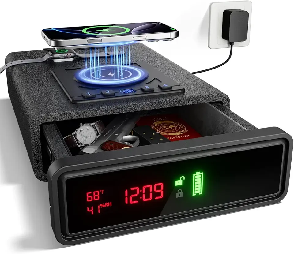 Biometric Smart Gun Safe with Wireless Charging for Phone&Watch, 3 Quick Access Stopbox with Fingerprint Backlit Keypad - Compact Bedside Drawer Safe with LED Light, 24/7 Digital Clock handgun safe