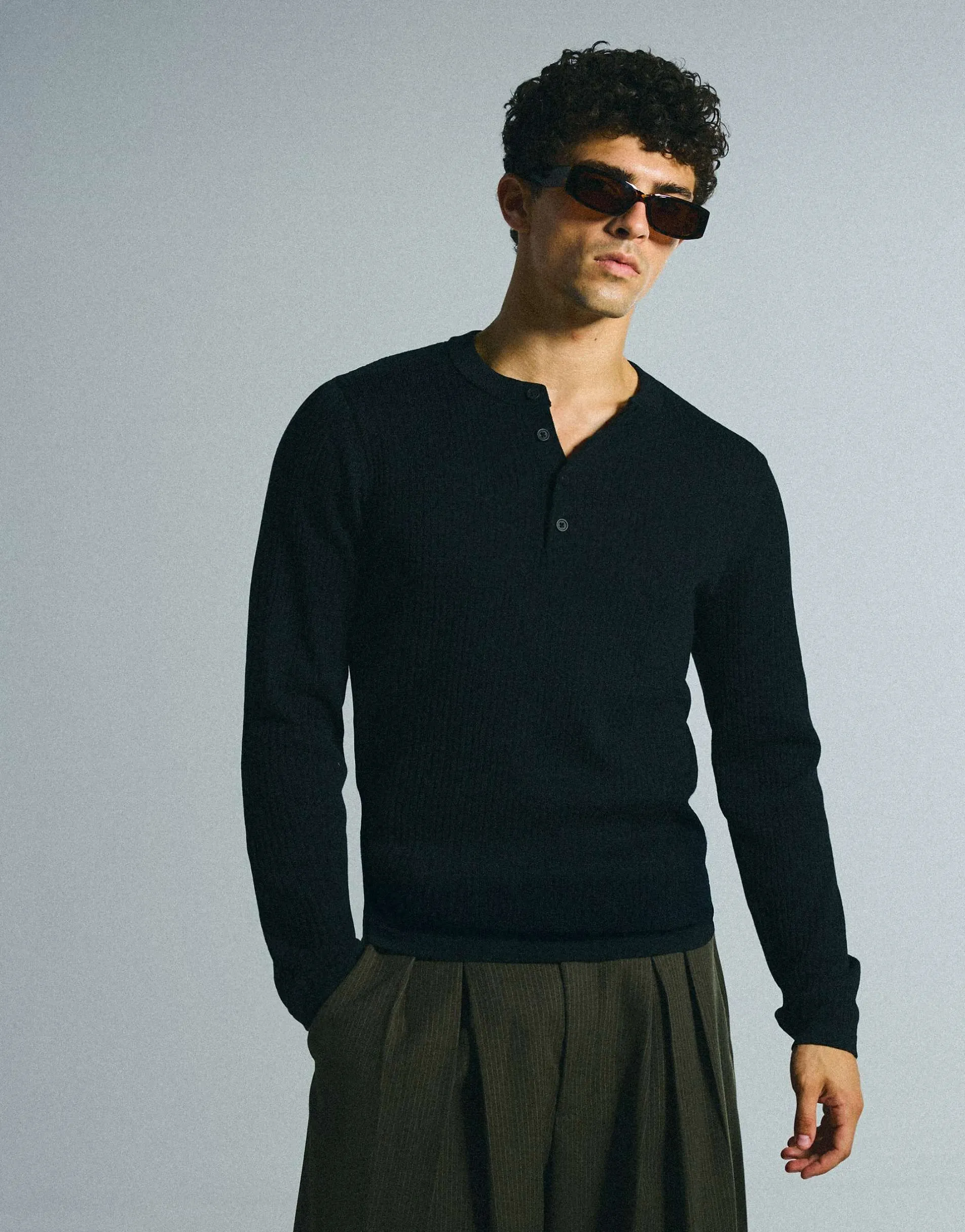 Bershka Henley jumper in black