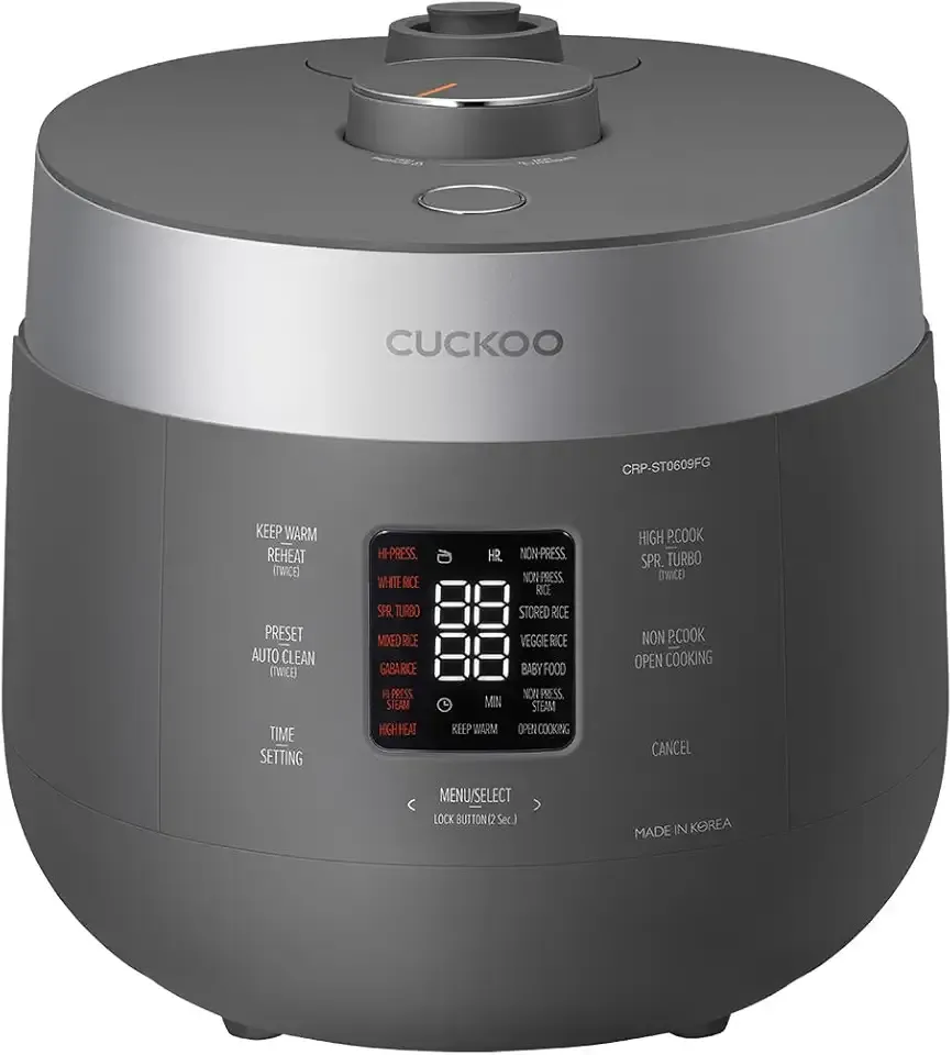 CUCKOO Twin Pressure Rice Cooker 6-Cup Uncooked / 12-Cup Cooked with Nonstick Inner Pot, Versatile Rice Maker & Warmer with 16 Menu Options, Open Cooking Mode, Voice Guide, Gray (CRP-ST0609FG)