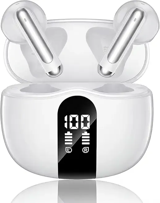 Wireless Earbuds, 2026 Bluetooth 5.4 Headphones Bass Stereo Ear Buds with Noise Cancelling Mic, LED Display in Ear Earphones 50H Playtime Ear Buds, IP7 Waterproof for Laptop Pad Phones Pure White