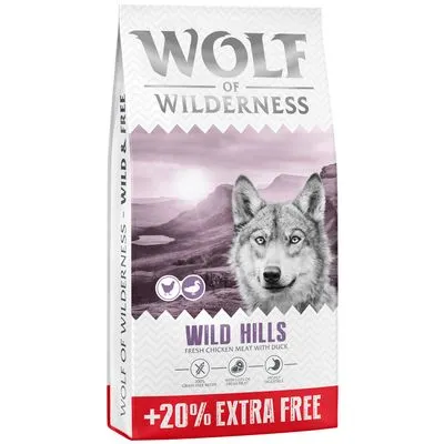 Croquettes Wolf of Wilderness - sans céréales : 12 kg + 2,4 kg offerts ! Wild Hills Canard Nouvelle recette