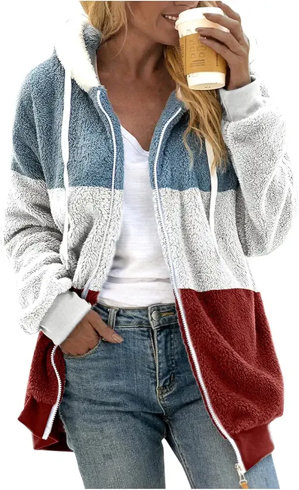 Oversized Fuzzy Fleece Jackets For Women Fashion 2024 Color Block Faux Fur Cardigan Coat Shaggy Warm Winter Outerwear