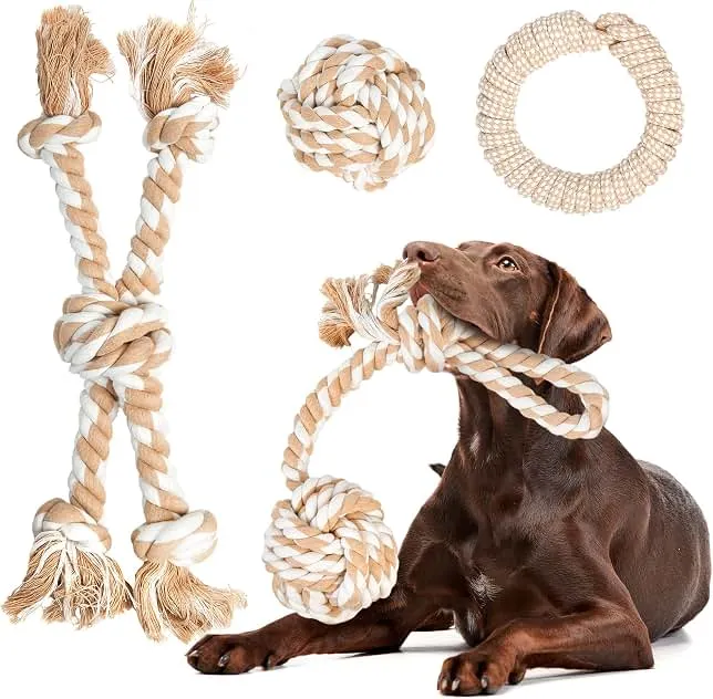 Fida Heavy Duty Dog Rope Toys for Medium Large Dogs, Chew Tug Toys, 4 Pack | Natural Cotton, Ball/Ring/Knot/Twist for Interactive Play, Tug of War, Fetch, to Keep Them Busy