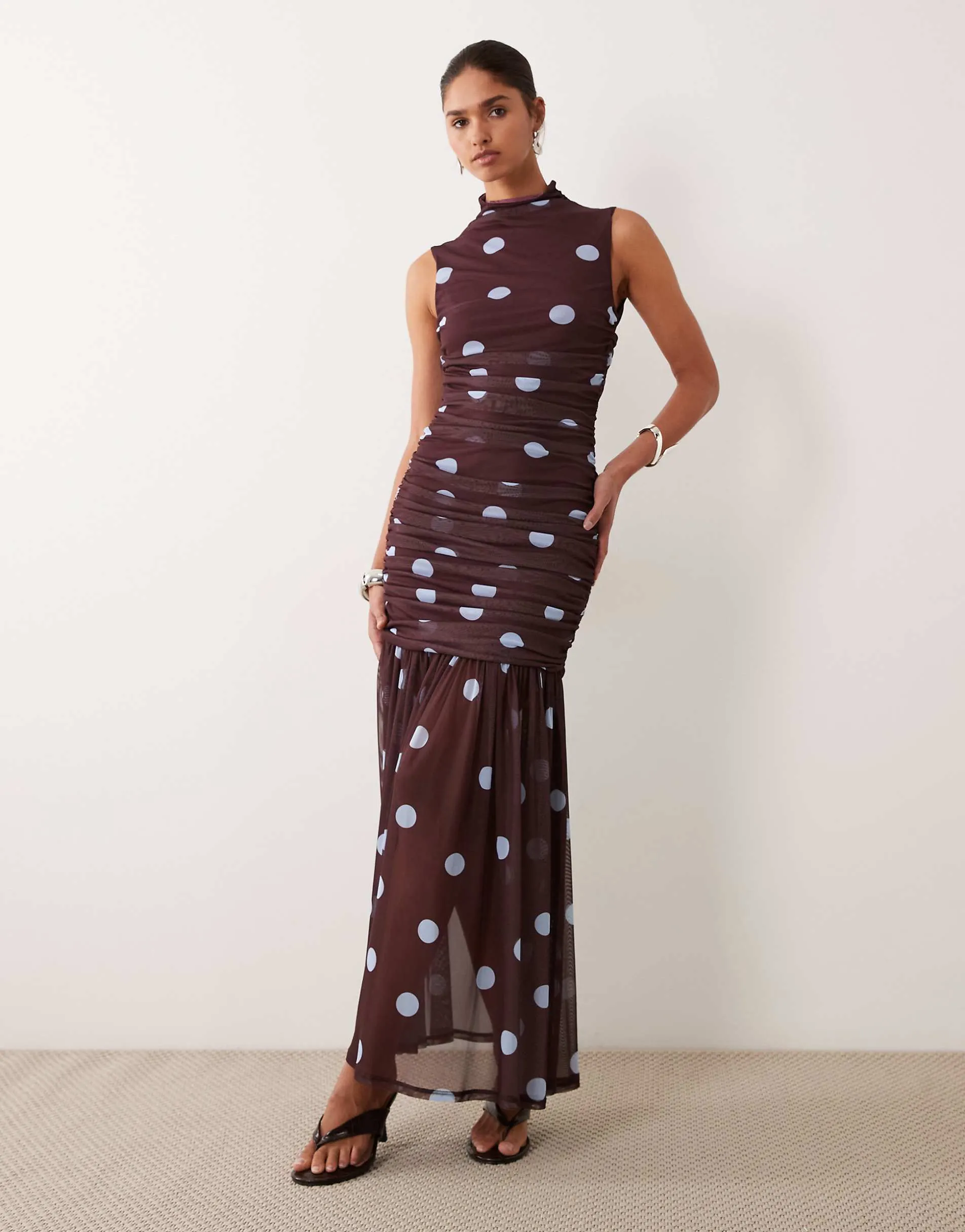 ASOS DESIGN printed polka dot ruched drop waist circle dress with grown in neck in burgundy