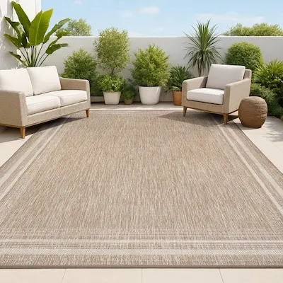 TUSCAN SUN Lido Pinstripe Border Loomed Beige/Cream Rectangular Indoor/Outdoor Border Coastal Area rug