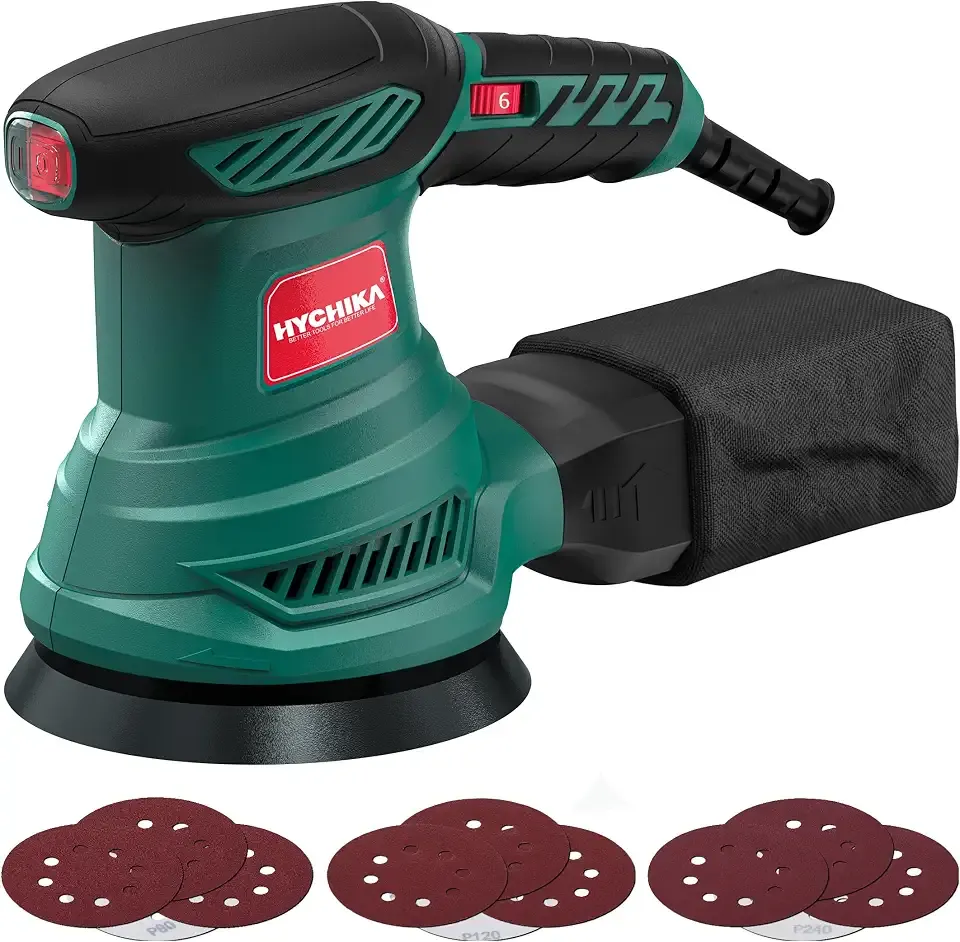 HYCHIKA 5-Inch Random Orbital Sander, 13000RPM Electric Palm Sander with 6 Variable Speeds, Powerful Motor, 12PCS Sandpapers and Efficient Dust Collection Bag, for Woodworking, Finishing and Polishing