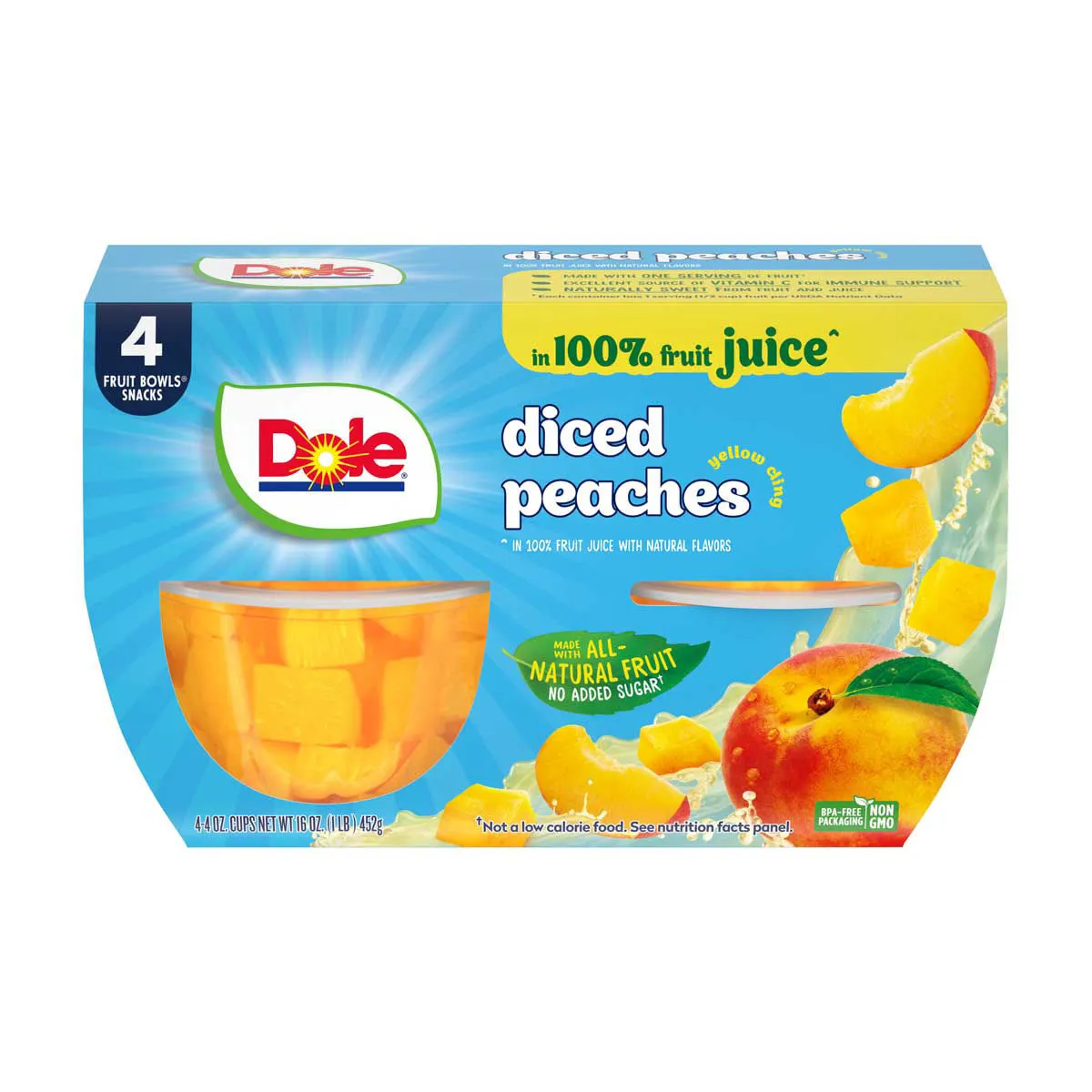 Dole Diced Peaches in 100% Fruit Juice, 4 oz Cups, 4 ct