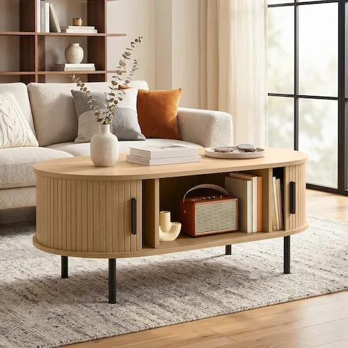 Coffee Table with Sliding Tambour Doors, Natural Wood