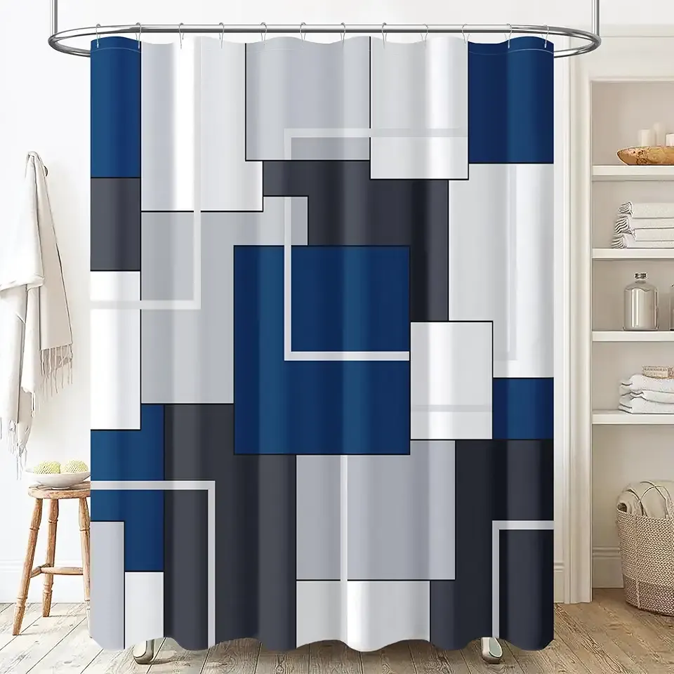 BTTN Navy Blue Fabric Shower Curtain - Geometric Water Repellent Shower Curtain Set, Machine Washable, Modern Decorative Polyester Cloth Shower Curtains for Bathroom - 72x72