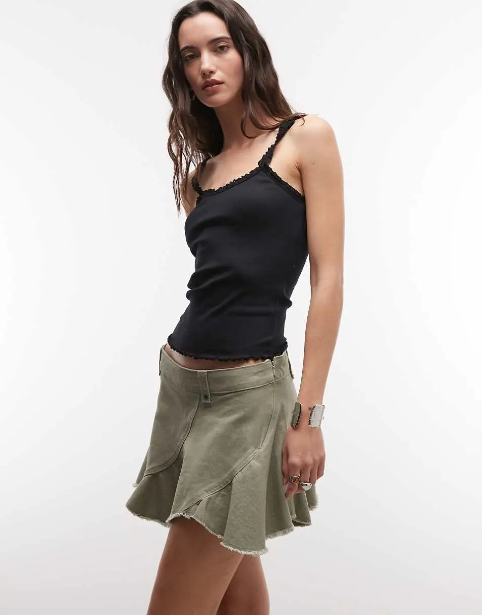 Monki low waist mini skirt with circle cut details in khaki
