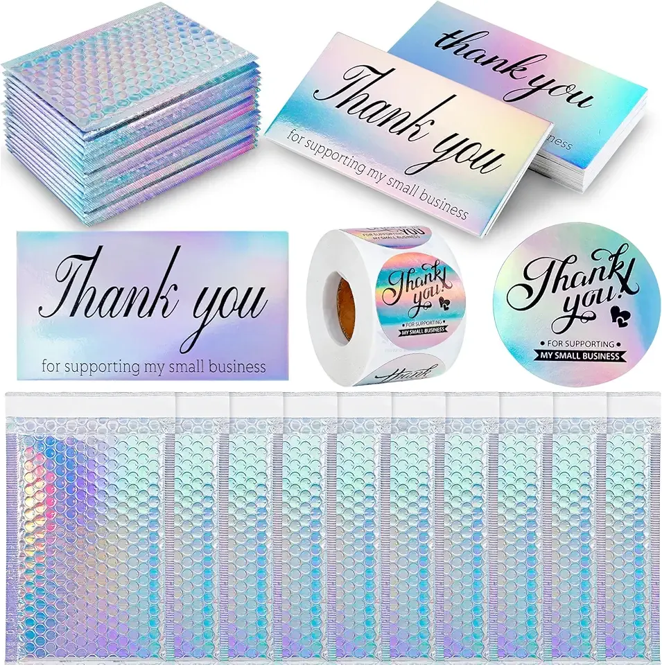 PIEMEET 50 Pcs Metallic Bubble Mailers, 5.9 x 9.6 Inch Holographic Bubble Mailers, Self Seal Poly Padded Envelopes, Waterproof Shipping Bags, Cushion Envelopes for Mailing Packing Small Business