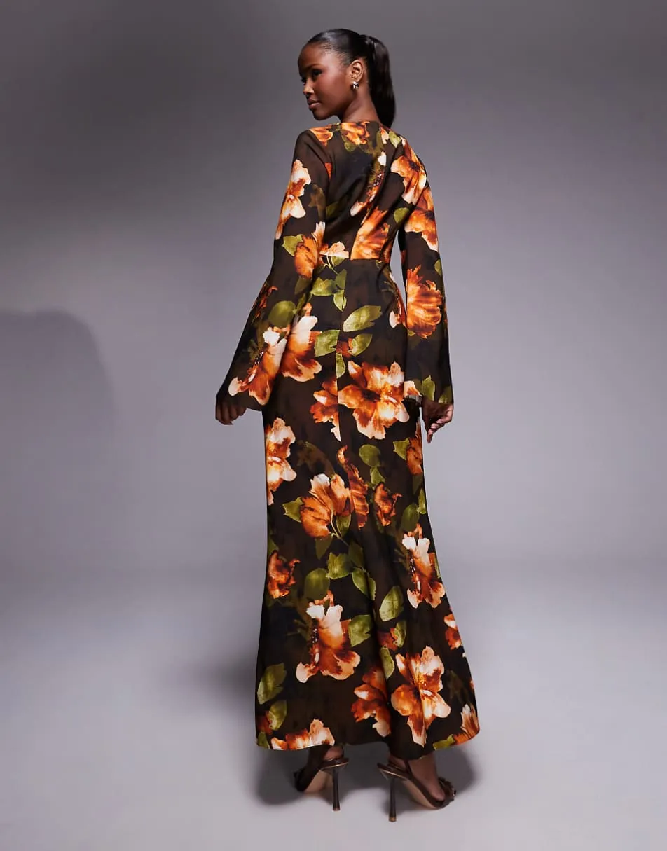 ASOS DESIGN long sleeve maxi dress with ruffle skirt in dark floral print