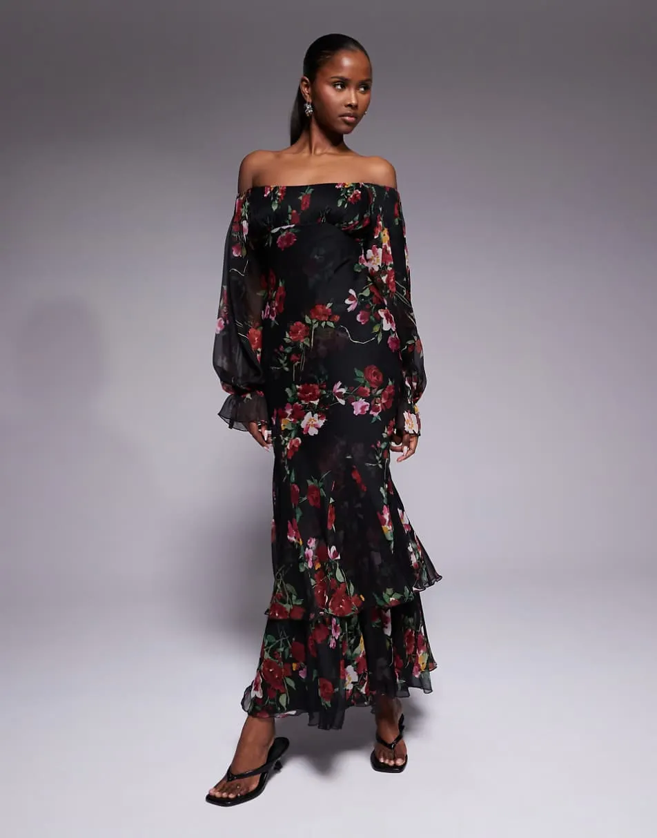 ASOS DESIGN bardot ruffle maxi dress with tiered godets and blouson sleeves in floral print