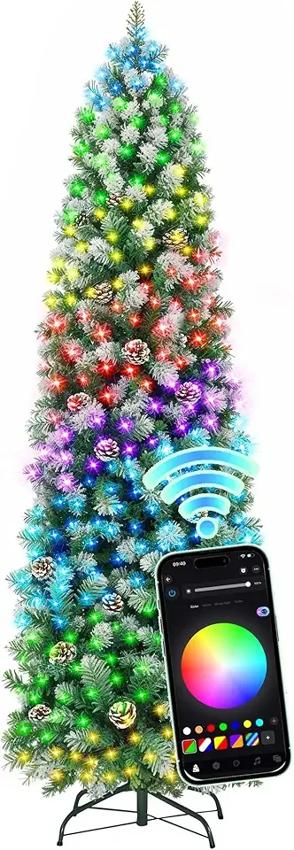 HOLLO STAR 6 ft Prelit Christmas Tree with 233 LED Lights, App Control, Slim Pencil Christmas Tree, Multi-Color RGBW Lights, 588 Flocked Frosted Tips, Xmas Tree, 51 Pine Cones, for Home, Party