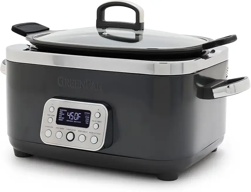 GreenPan Elite 14-in-1 Nonstick 6QT Electric Slow Cooker, PFAS-Free Ceramic Multi-Cooker, In-Pot Browning, Dishwasher Safe Lid & Removable Crock, Stainless Steel Steamer, Silicone Handles, Graphite