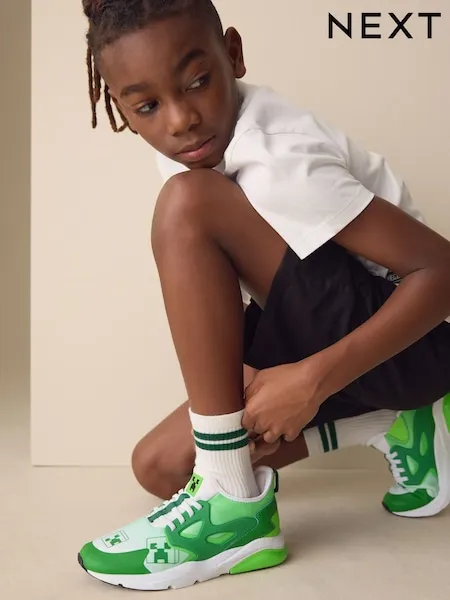 Green/White Standard Fit (F) Minecraft Elastic Lace Trainers