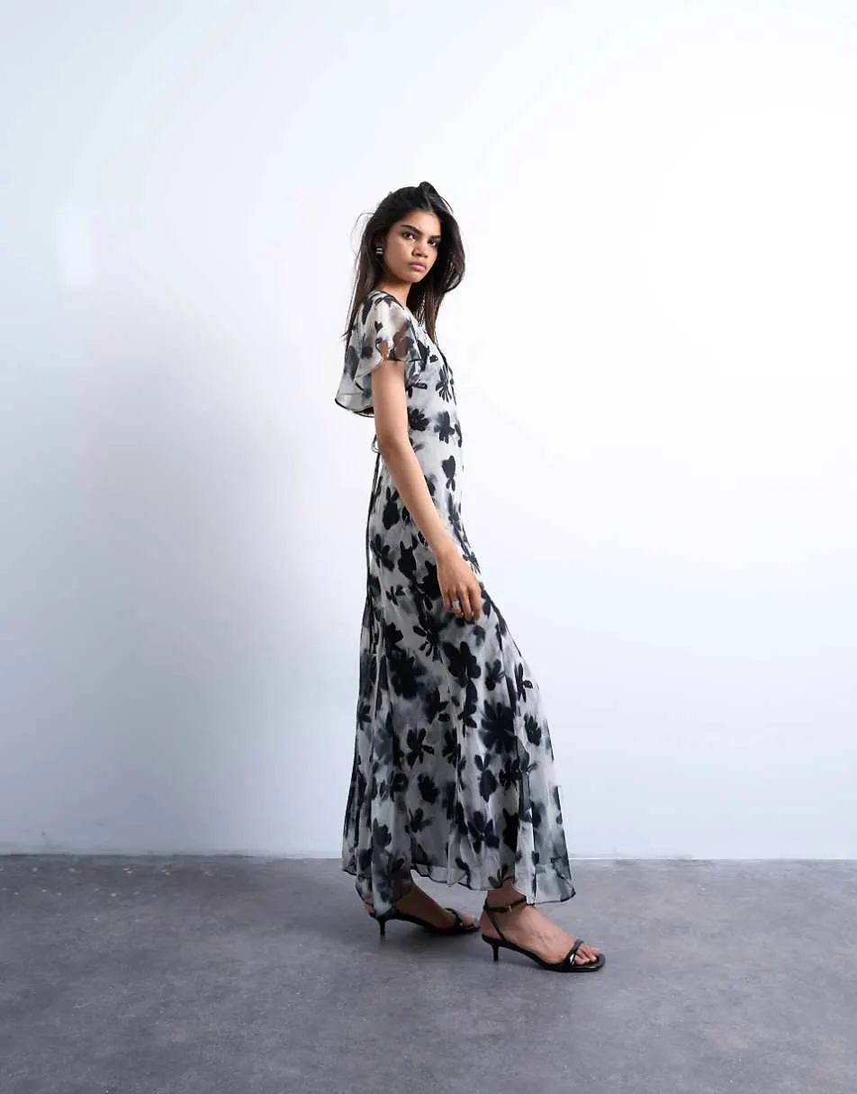 Topshop flutter sleeve godet hem midi dress in mono print