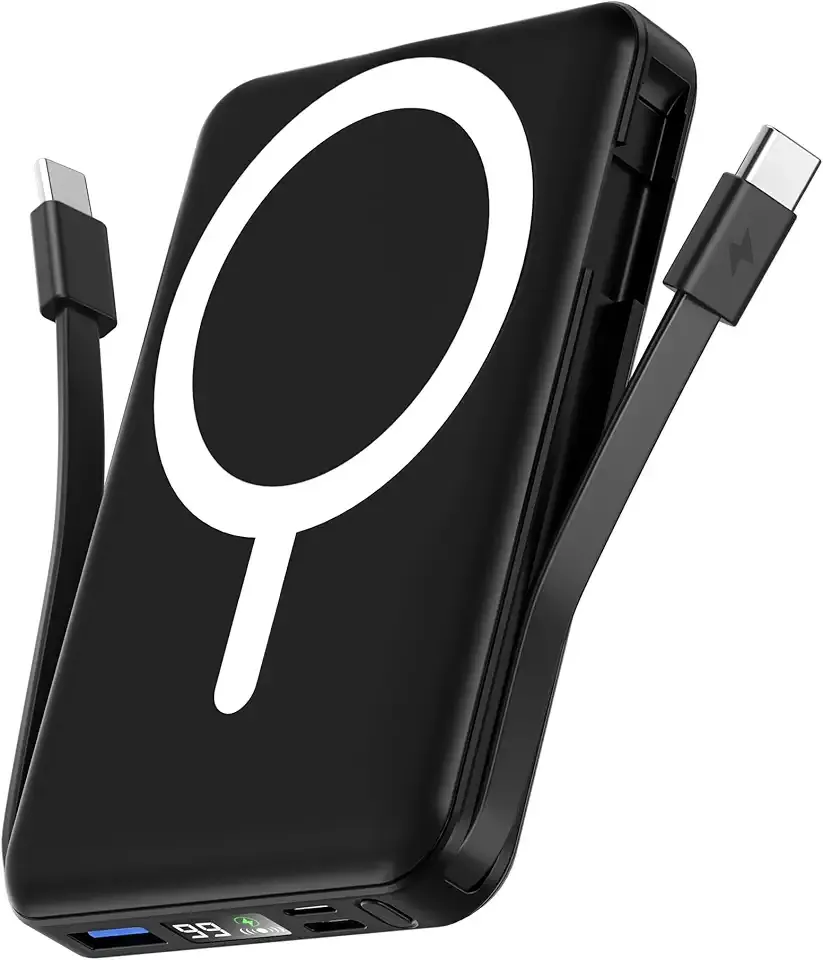 podoru for Magsafe Battery Pack, 10000mAh Magnetic Power Bank Built-in Double USB C Cables 22.5W PD Fast Charging LED Display Wireless Portable Charger for iPhone 17/16/15/14/13/12 Series-Black