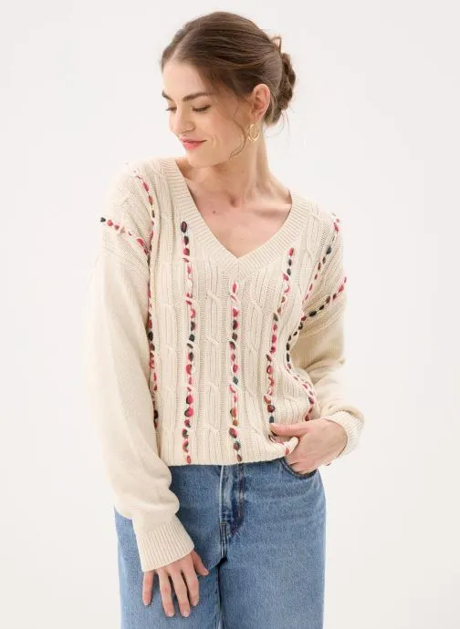 Truien Violiso V-Neck L/S Cable Knit Top dames beige