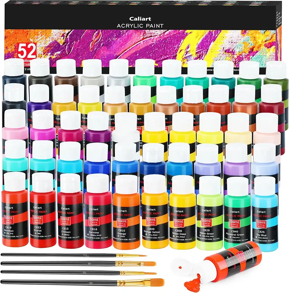 Caliart Acrylic Paint Set of 52 Colors 2oz with Painting Brushes