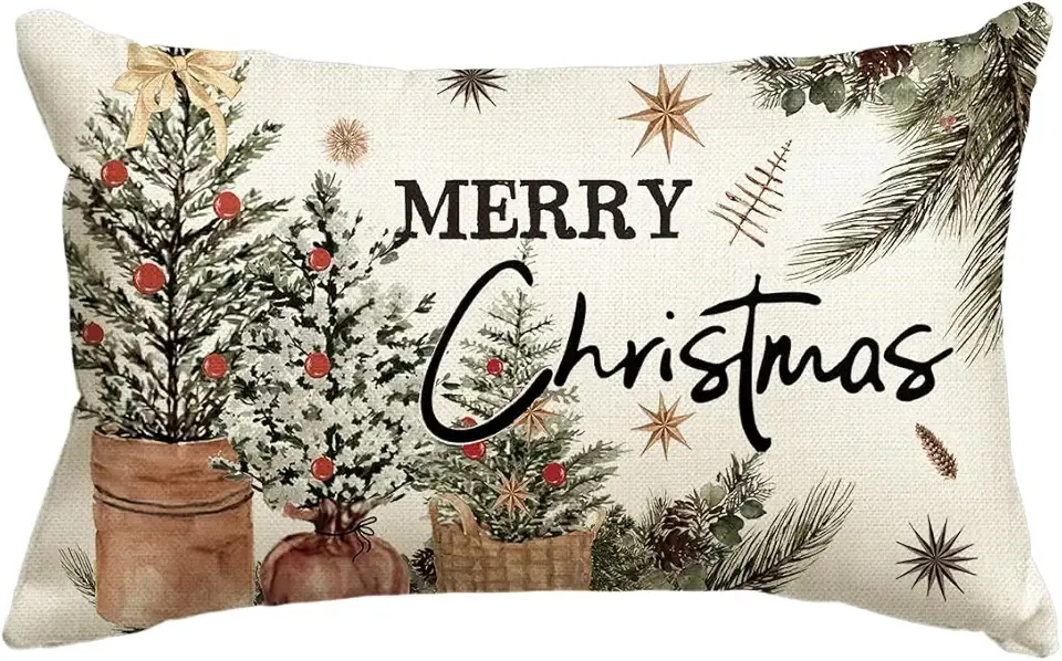 AVOIN colorlife Merry Christmas Eucalyptus Red Berries Throw Pillow Cover, 12 x 20 Inch Winter Holiday Cushion Case Decoration for Sofa Couch