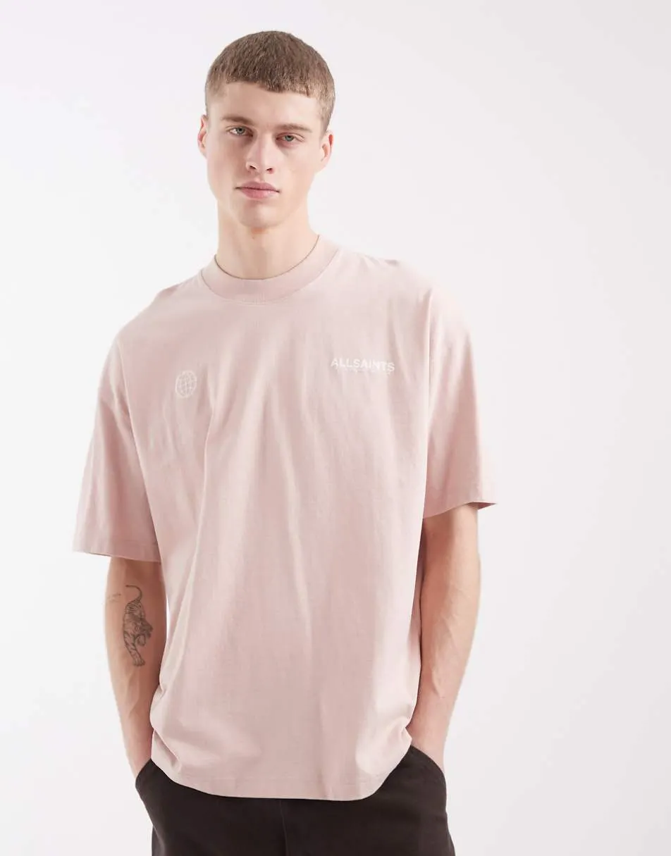 AllSaints Emblem logo t-shirt with back print in pink