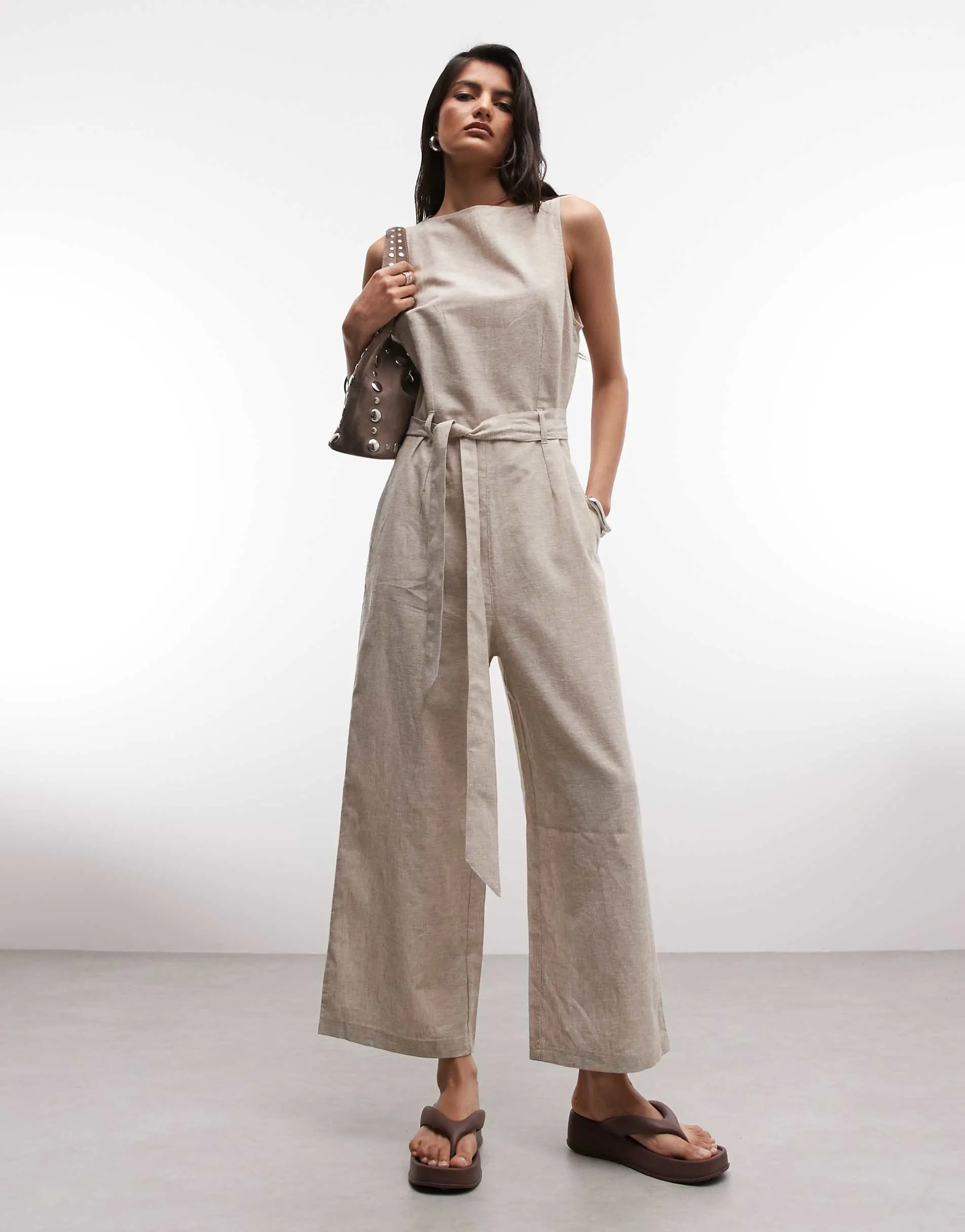 Monki linen sleeveless wide leg jumpsuit with tie belt detail in beige